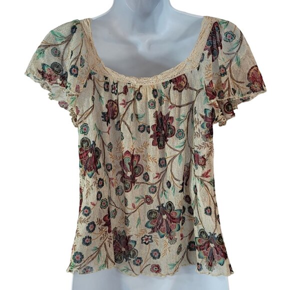 Ralph Lauren Denim & Supply Boho Floral Top XS Lace Trim Flutter Sleeves Scoop - Picture 5 of 7